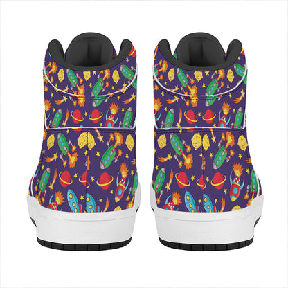 Space Rockets Pattern Print High Top Leather Sneakers