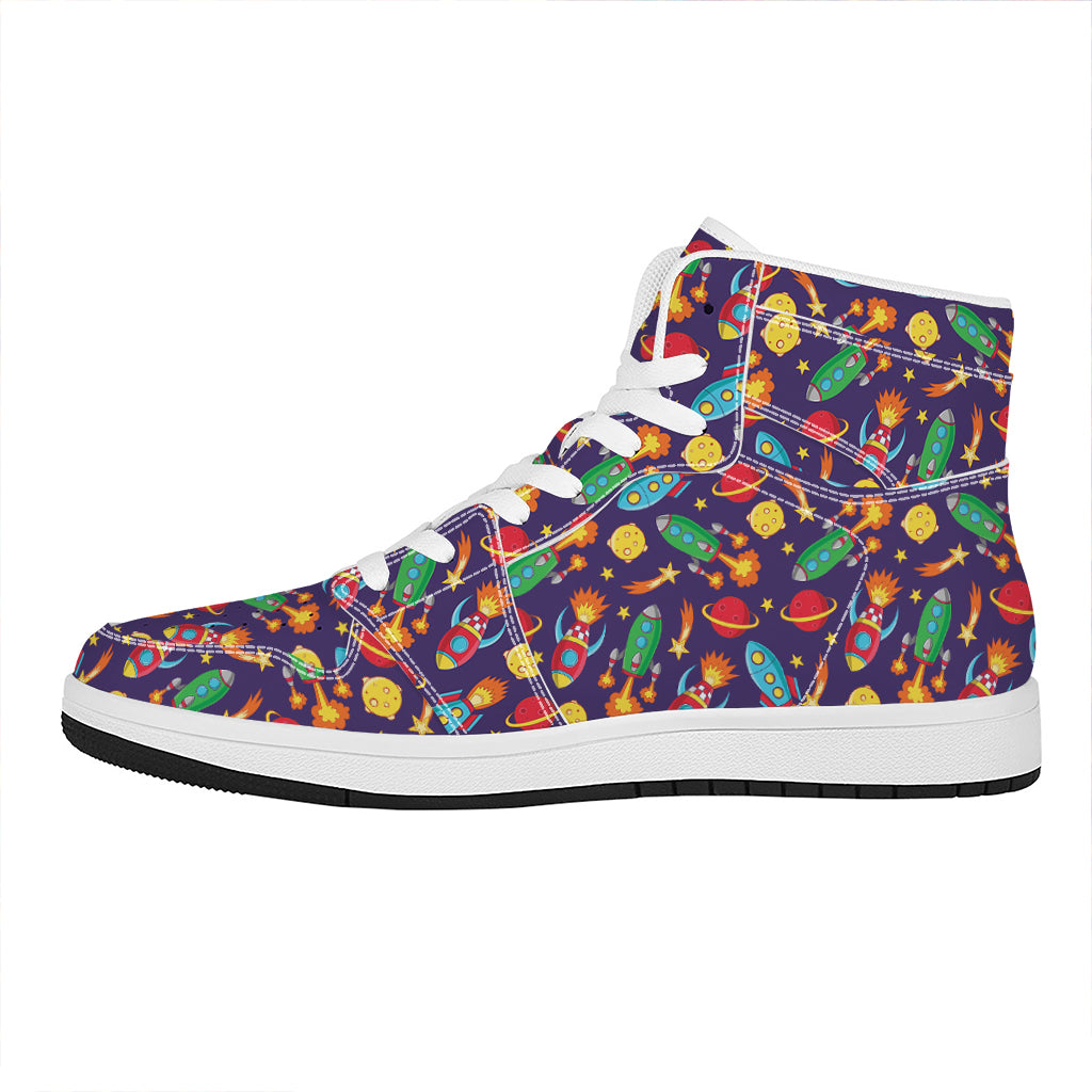 Space Rockets Pattern Print High Top Leather Sneakers