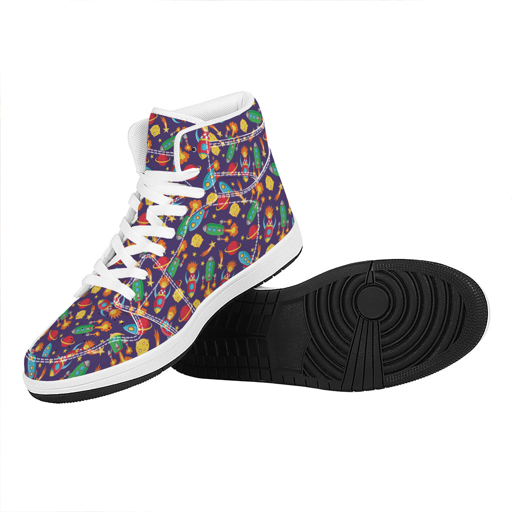 Space Rockets Pattern Print High Top Leather Sneakers
