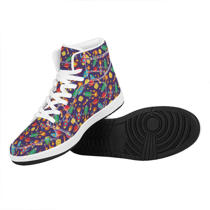 Space Rockets Pattern Print High Top Leather Sneakers