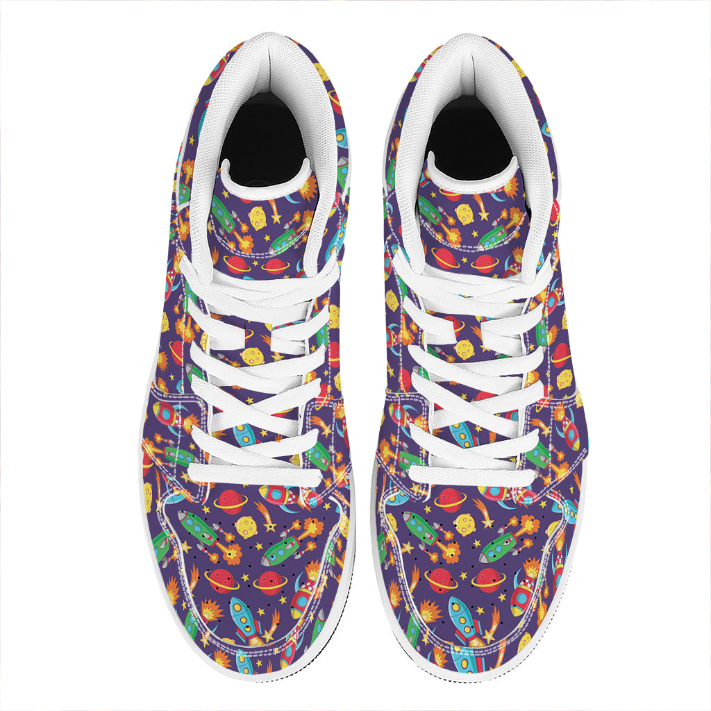 Space Rockets Pattern Print High Top Leather Sneakers