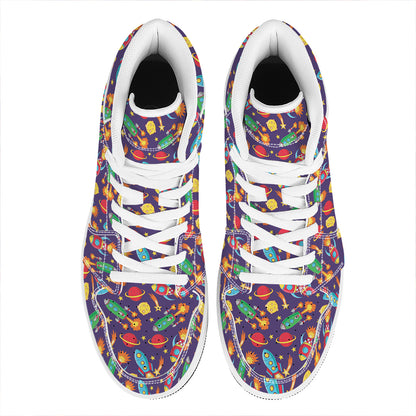 Space Rockets Pattern Print High Top Leather Sneakers