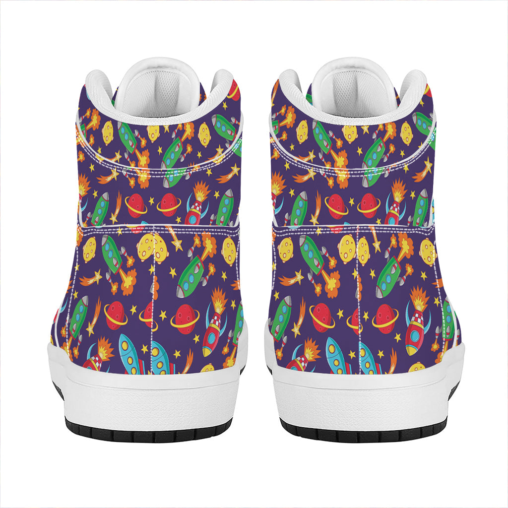 Space Rockets Pattern Print High Top Leather Sneakers