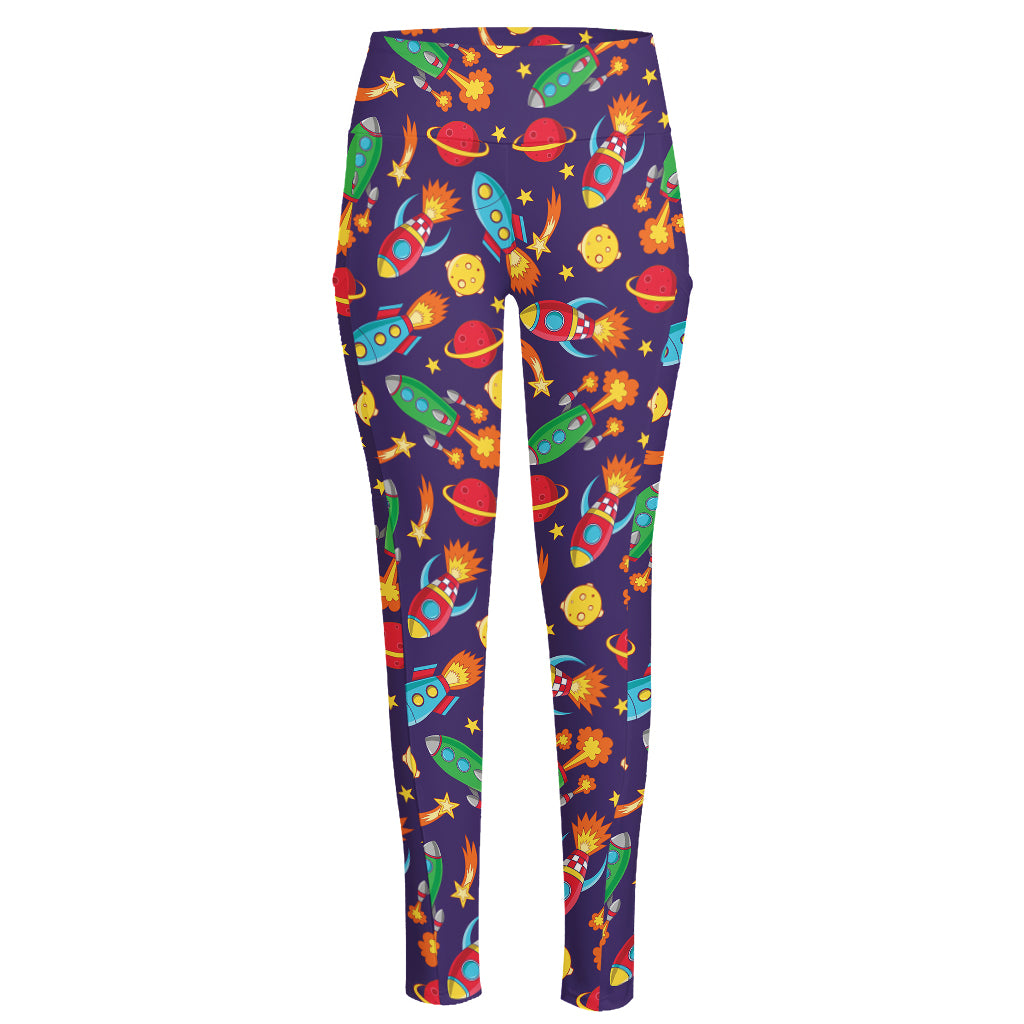 Space Rockets Pattern Print High-Waisted Pocket Leggings