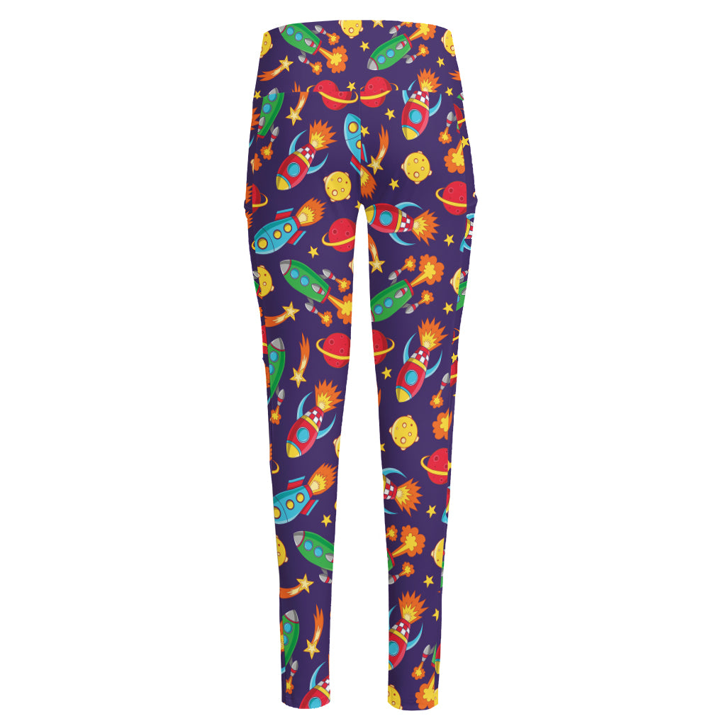 Space Rockets Pattern Print High-Waisted Pocket Leggings