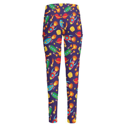 Space Rockets Pattern Print High-Waisted Pocket Leggings
