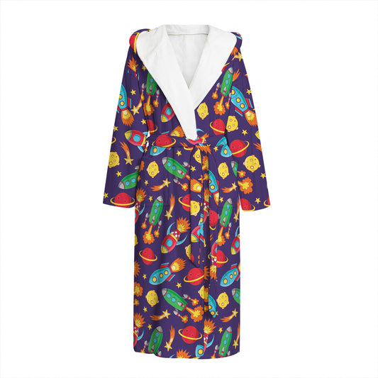 Space Rockets Pattern Print Hooded Bathrobe