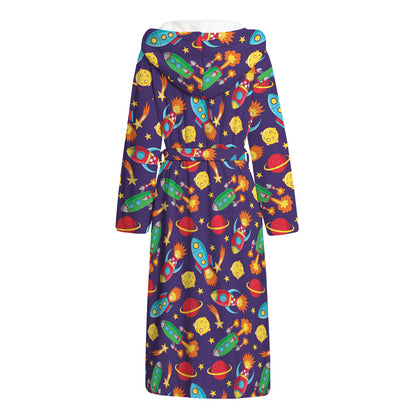 Space Rockets Pattern Print Hooded Bathrobe