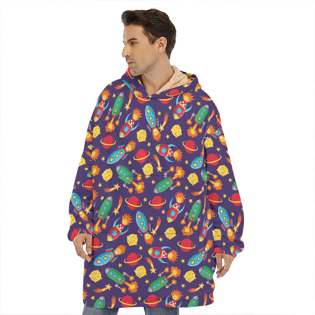 Space Rockets Pattern Print Hoodie Blanket