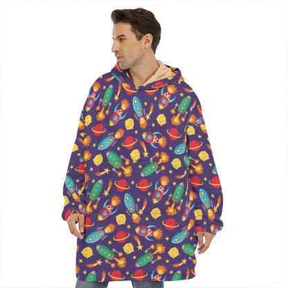 Space Rockets Pattern Print Hoodie Blanket