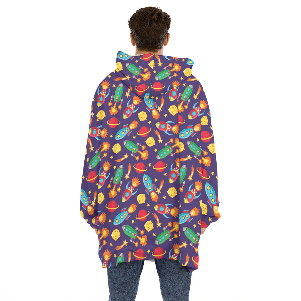 Space Rockets Pattern Print Hoodie Blanket
