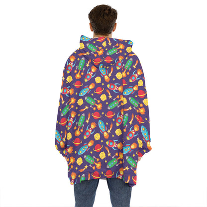 Space Rockets Pattern Print Hoodie Blanket