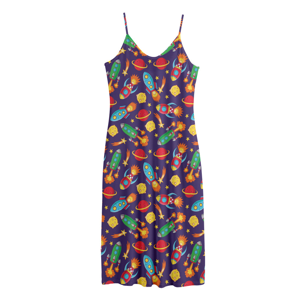 Space Rockets Pattern Print Jersey Midi Cami Dress