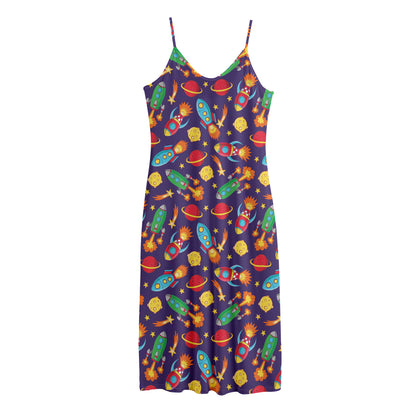 Space Rockets Pattern Print Jersey Midi Cami Dress
