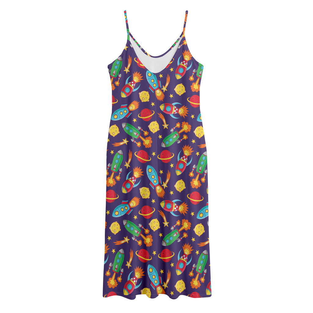 Space Rockets Pattern Print Jersey Midi Cami Dress
