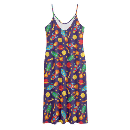 Space Rockets Pattern Print Jersey Midi Cami Dress