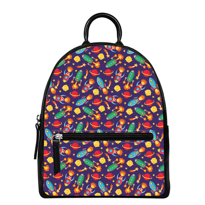 Space Rockets Pattern Print Leather Backpack