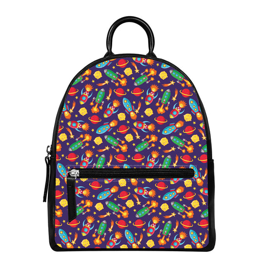 Space Rockets Pattern Print Leather Backpack