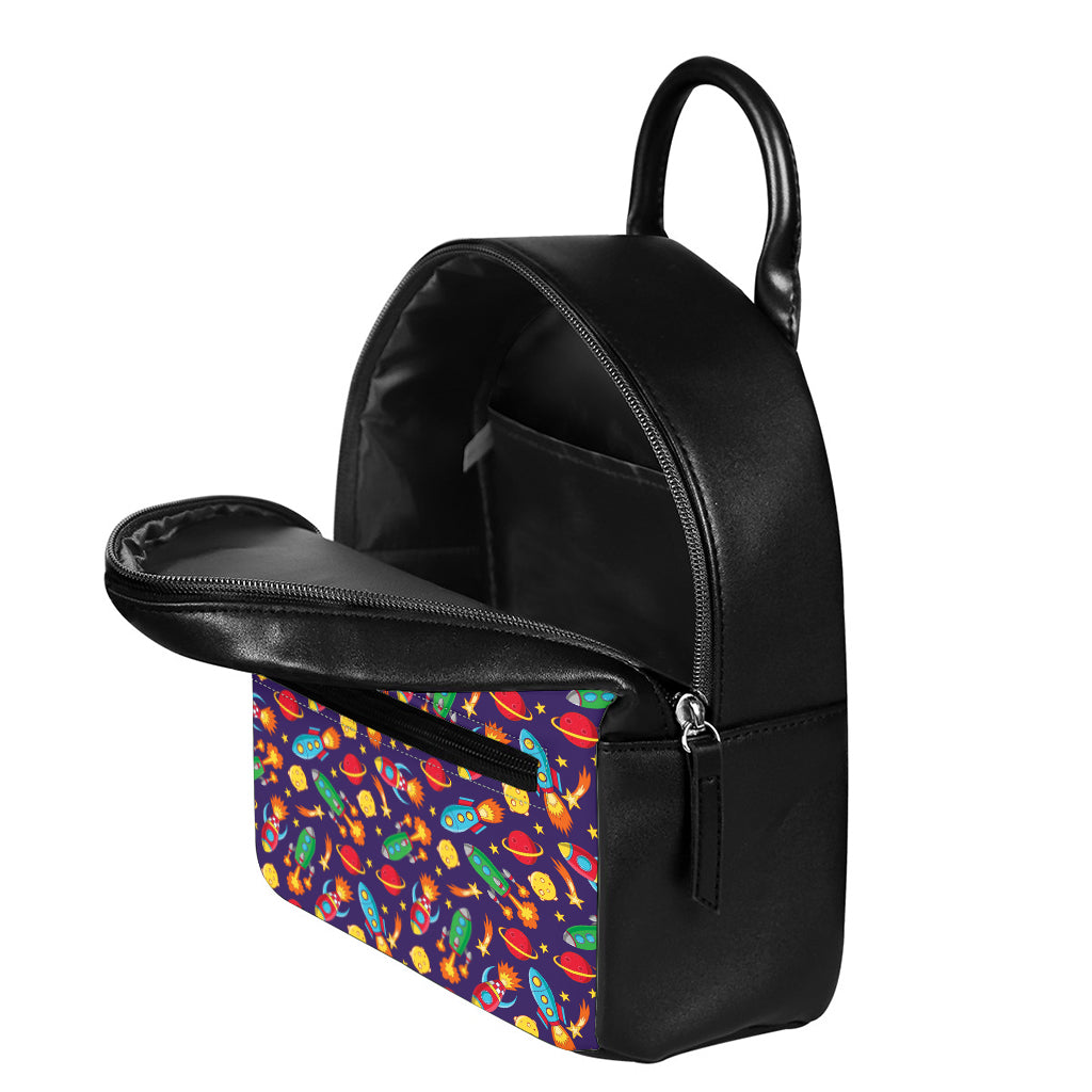 Space Rockets Pattern Print Leather Backpack