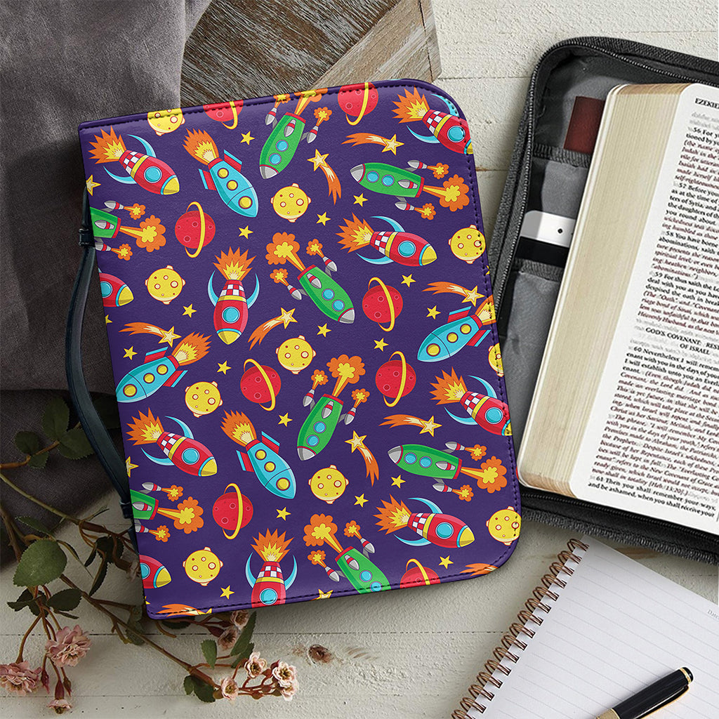 Space Rockets Pattern Print Leather Bible Cover