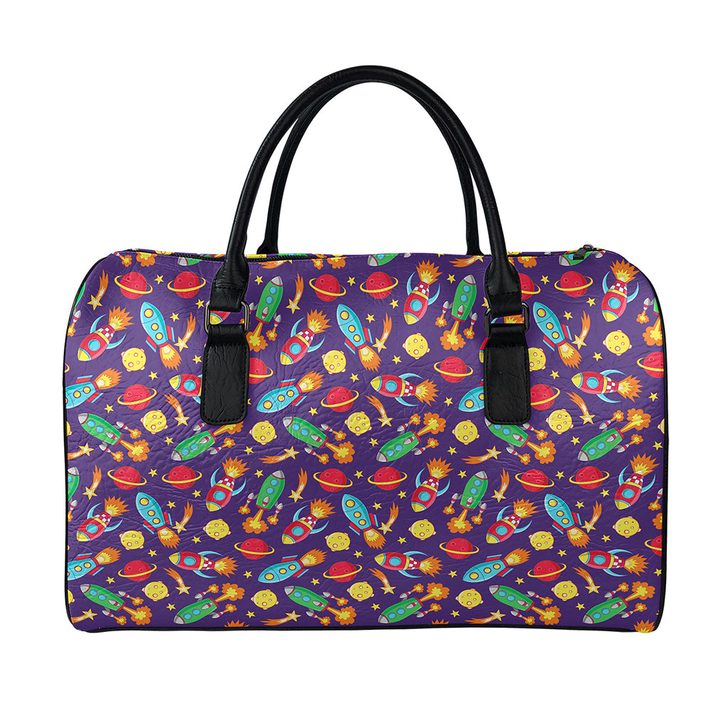 Space Rockets Pattern Print Leather Duffle Bag