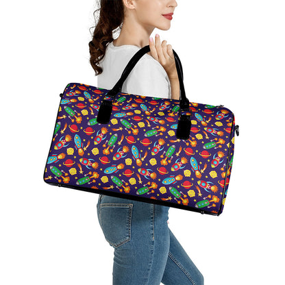 Space Rockets Pattern Print Leather Duffle Bag