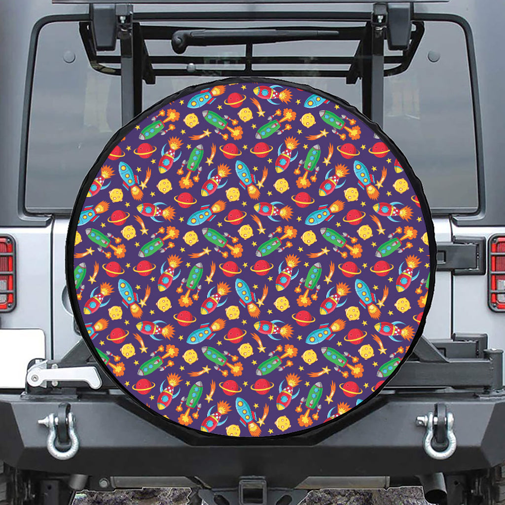 Space Rockets Pattern Print Leather Spare Tire Cover