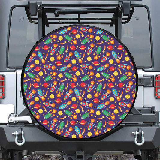 Space Rockets Pattern Print Leather Spare Tire Cover