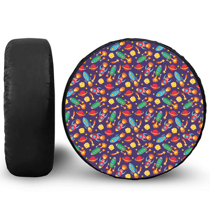Space Rockets Pattern Print Leather Spare Tire Cover