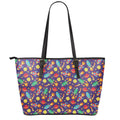 Space Rockets Pattern Print Leather Tote Bag With Zipper