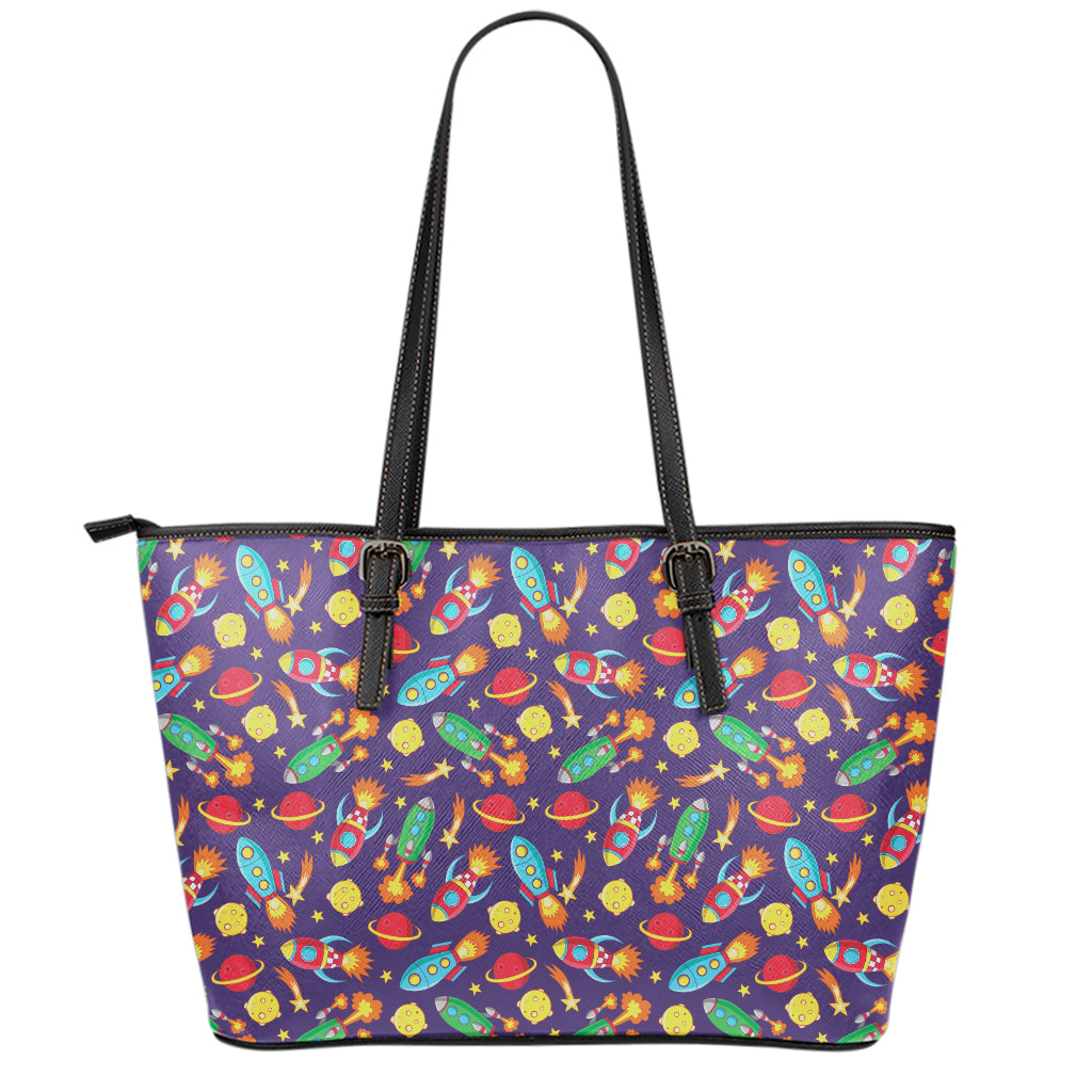 Space Rockets Pattern Print Leather Tote Bag