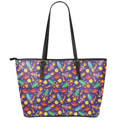 Space Rockets Pattern Print Leather Tote Bag
