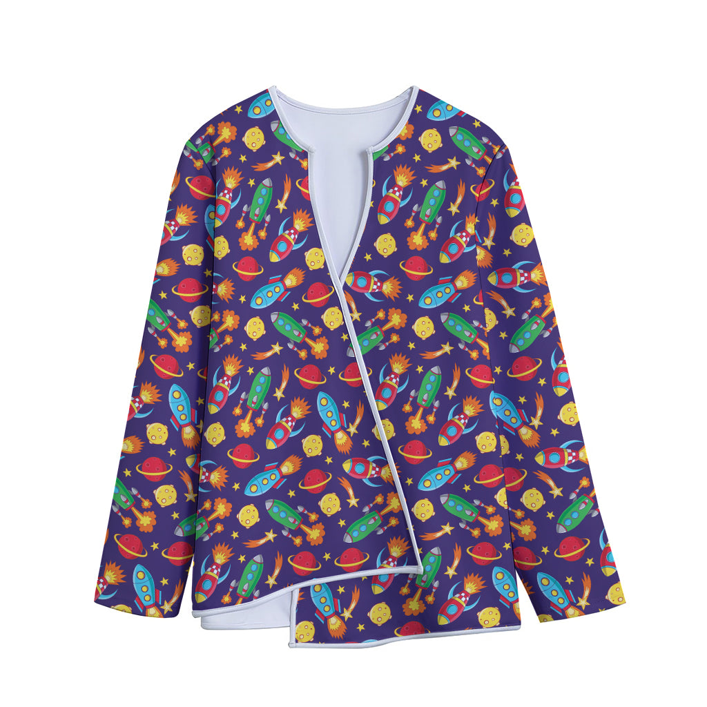 Space Rockets Pattern Print Long Sleeve Short Coat