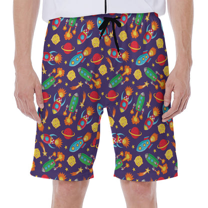 Space Rockets Pattern Print Men's Beach Shorts