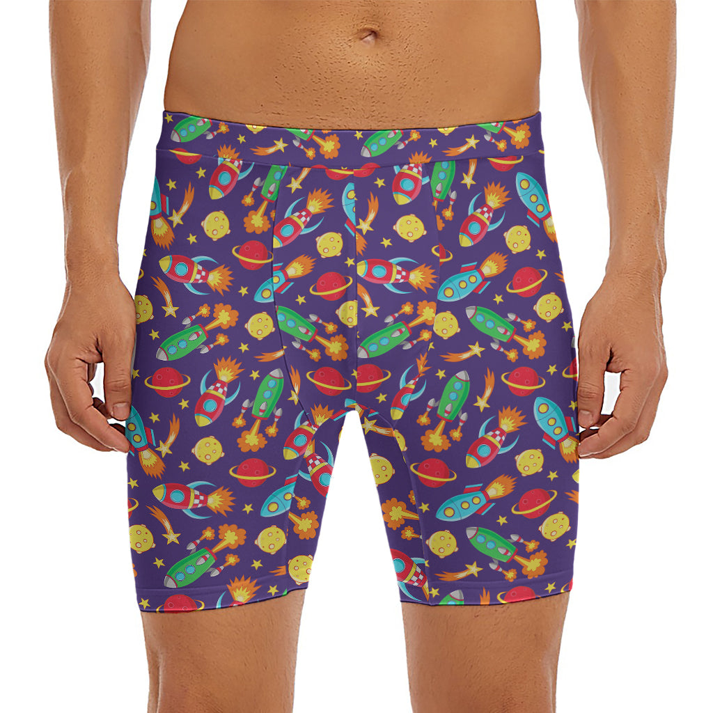 Space Rockets Pattern Print Men's Long Boxer Briefs