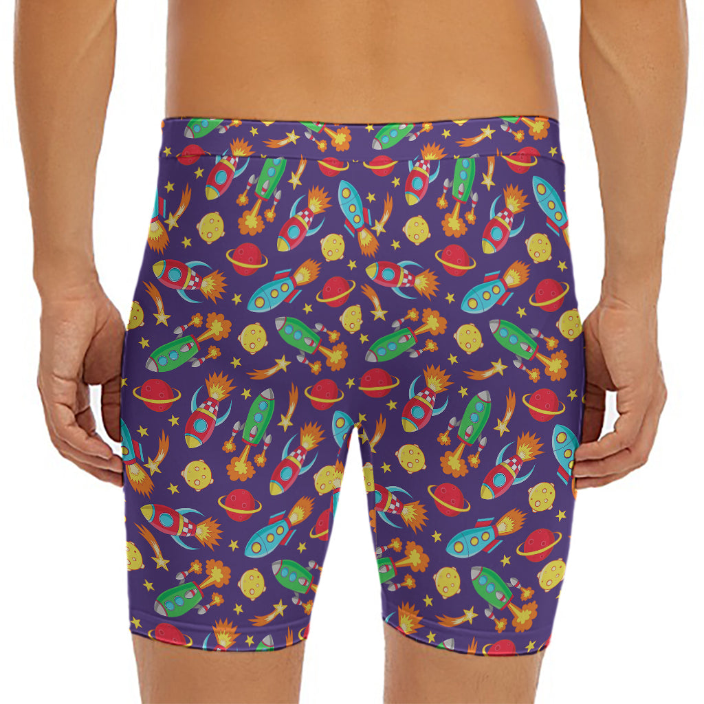 Space Rockets Pattern Print Men's Long Boxer Briefs