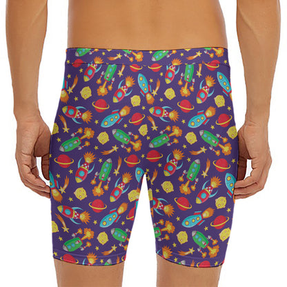 Space Rockets Pattern Print Men's Long Boxer Briefs