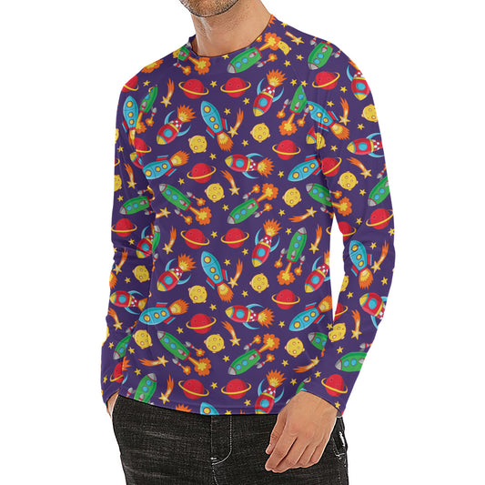 Space Rockets Pattern Print Men's Long Sleeve Rash Guard