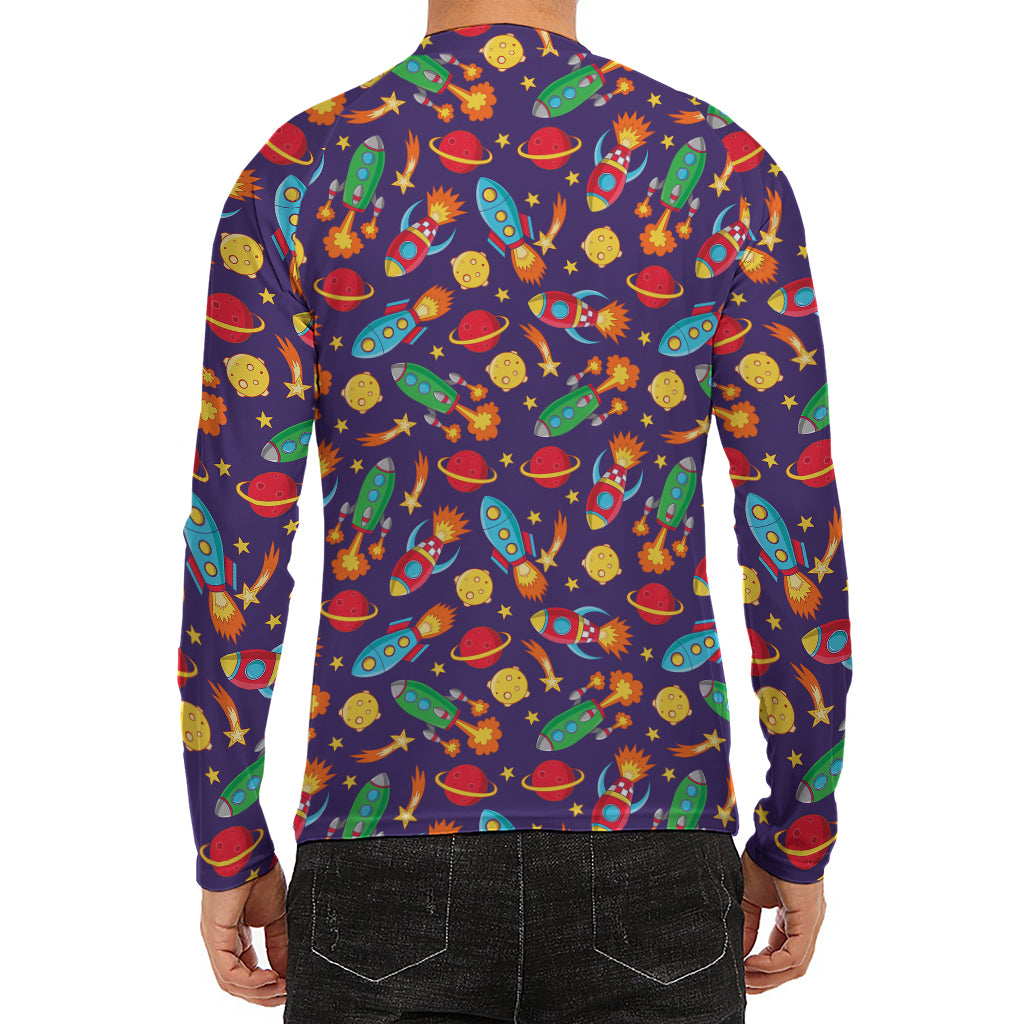 Space Rockets Pattern Print Men's Long Sleeve Rash Guard