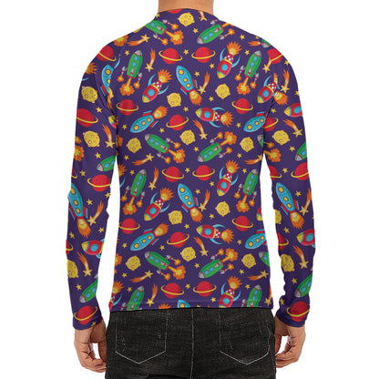 Space Rockets Pattern Print Men's Long Sleeve Rash Guard
