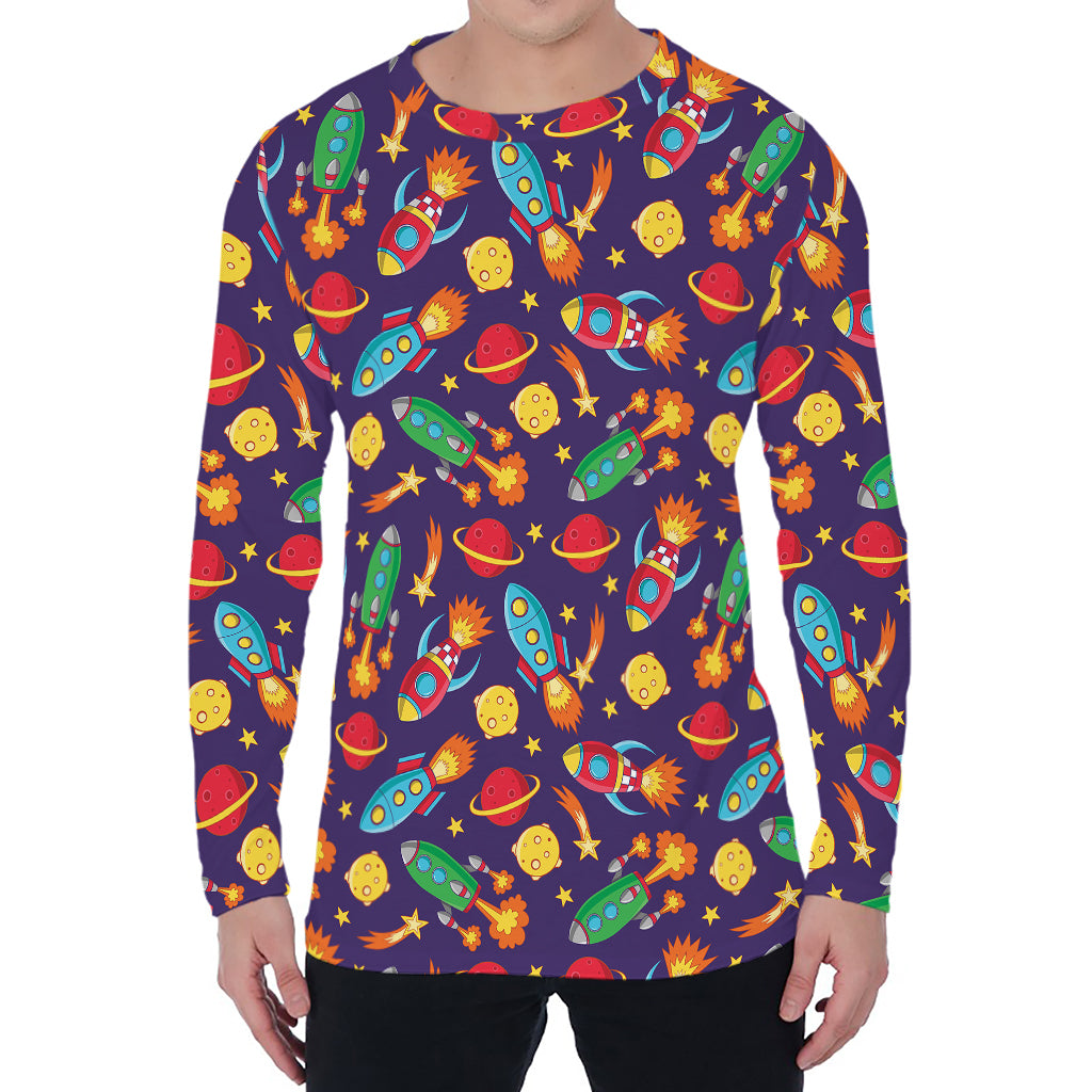 Space Rockets Pattern Print Men's Long Sleeve T-Shirt