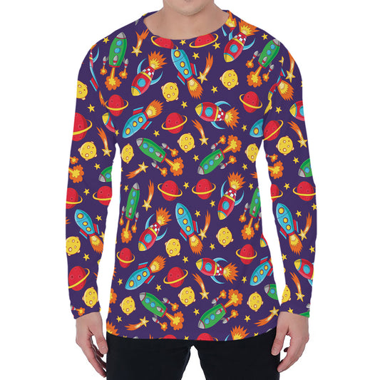 Space Rockets Pattern Print Men's Long Sleeve T-Shirt