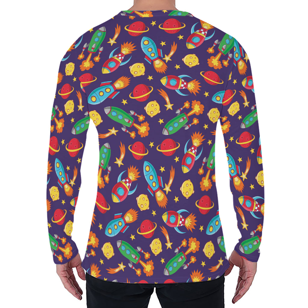 Space Rockets Pattern Print Men's Long Sleeve T-Shirt