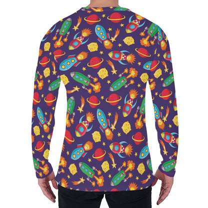Space Rockets Pattern Print Men's Long Sleeve T-Shirt