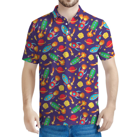 Space Rockets Pattern Print Men's Polo Shirt