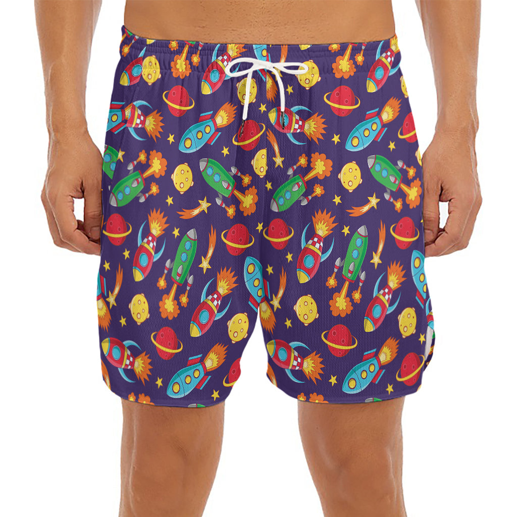 Space Rockets Pattern Print Men's Split Running Shorts