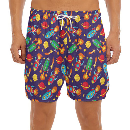 Space Rockets Pattern Print Men's Split Running Shorts