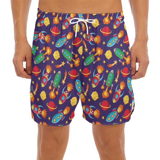 Space Rockets Pattern Print Men's Split Running Shorts