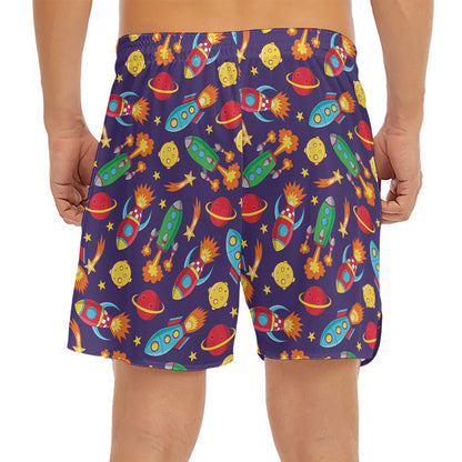 Space Rockets Pattern Print Men's Split Running Shorts