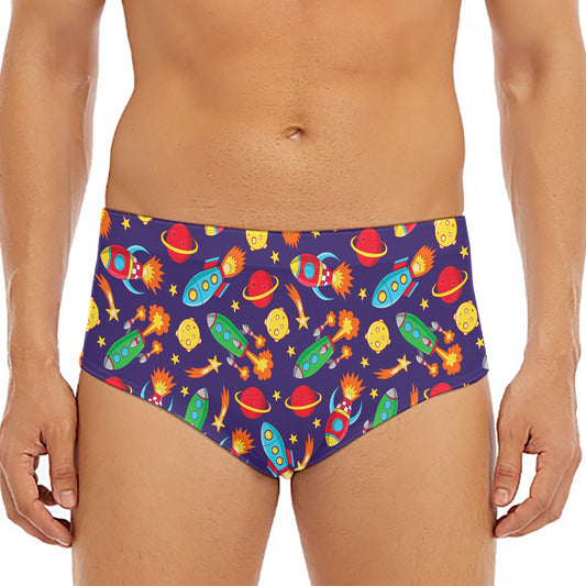 Space Rockets Pattern Print Men's Triangle Swim Briefs